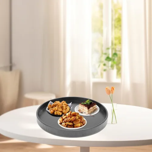 Miniatura 7 de Bandeja de servicio redonda negra, bandeja otomana de nogal de gran tamaño para sala de estar para desayuno en la cama, decoración de mesa auxiliar