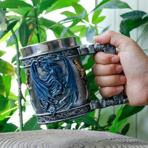 Miniatura 3 de Taza medieval de dragón azul D&D Game Mug of Throne Merchandise Beer Steins Viking Tankard Taza de café de acero inoxidable Tazas de regalo