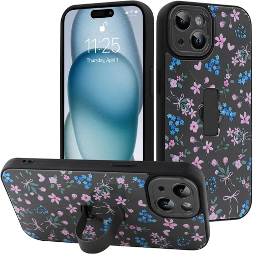 Miniatura 107 de Funda diseñada para iPhone 17 Pro Max con soporte plegable y correa para dedos, bonito patrón de lazo de corazón de flor rosa para mujeres y niñas