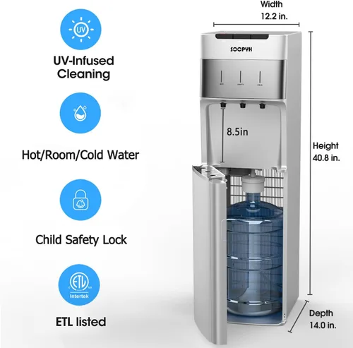 Miniatura 7 de Dispensador de agua con carga inferior autolimpiante para botellas de 3-5 galones, agua caliente, fría y a temperatura ambiente, cerradura