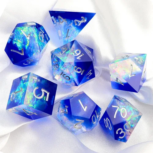 Miniatura 28 de Haxtec Juego de dados brillantes de borde afilado, dados DND de resina hechos a mano con inclusión de Mylar iridiscente, mezcla de color morado Azul