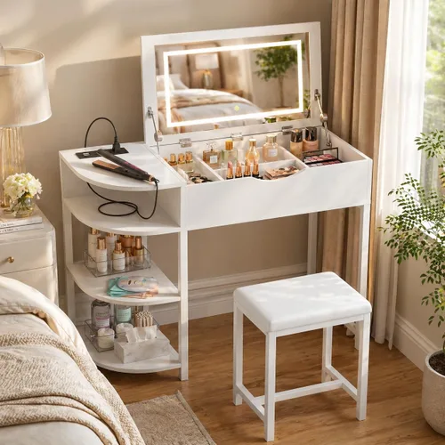 Cyclysio - Escritorio de tocador con espejo abatible y luces, escritorio de tocador de maquillaje con cajones, mesa de vestir con estantes de