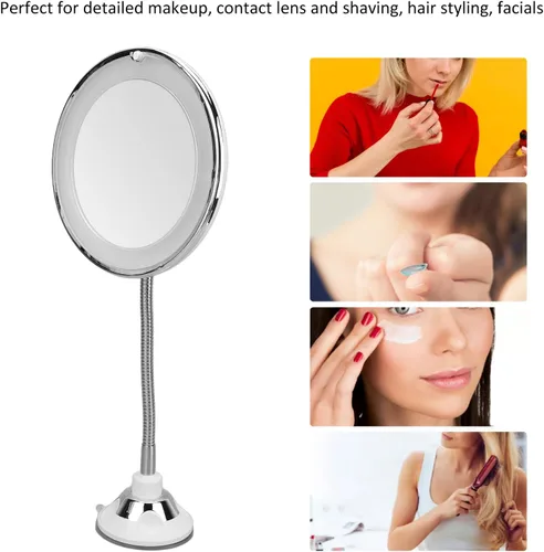 Miniatura 5 de Espejo de aumento giratorio de 360°, funciona con pilas, aumento de 10X, flexible, inalámbrico, cuello de ganso, luz de relleno LED, ventosa, cuello