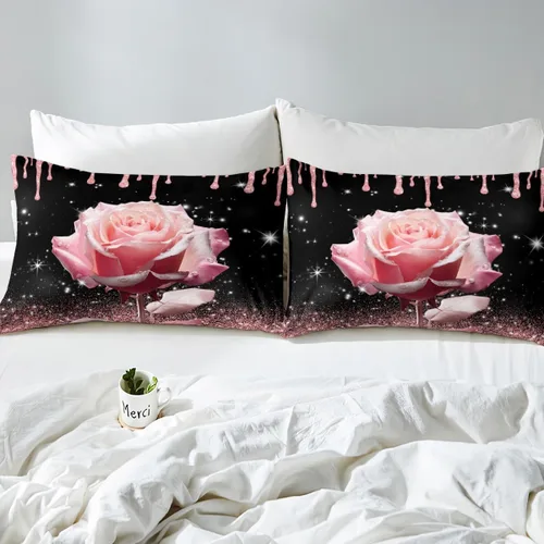 Miniatura 6 de Manfei Juego de sábanas de rosas rosas 3D tamaño individual, juego de ropa de cama brillante con purpurina rosa para decoración de habitación
