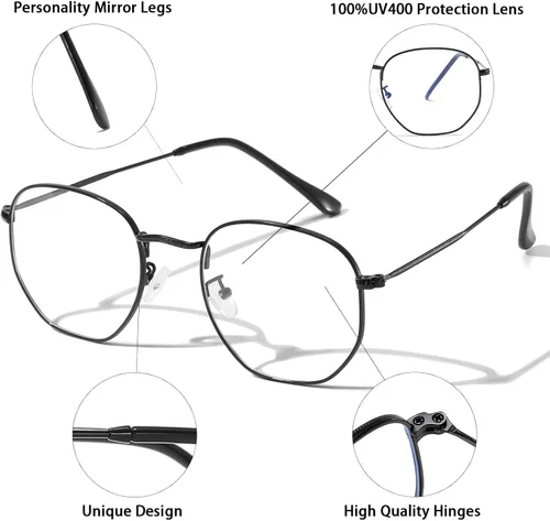 Miniatura 2 de Lentes hexagonales de metal con bloqueo de luz azul, antifatiga ocular para pantallas digitales, marco ligero para hombres y mujeres