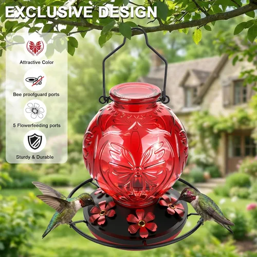 Miniatura 3 de Comedero de vidrio para colibríes para colgar al aire libre, comedero de néctar de colibrí de 25 onzas con perca y 5 puertos de alimentación