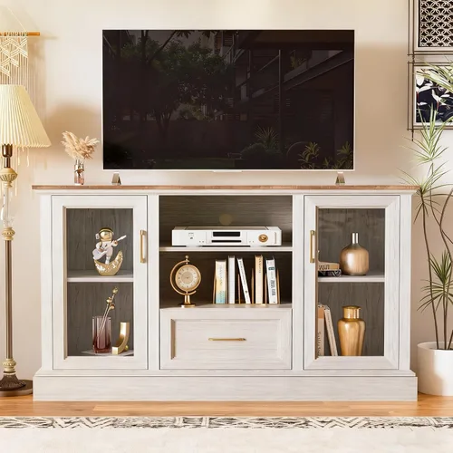 Soporte de TV de granja para TV de 55/60/65 pulgadas, consola multimedia alta con 2 puertas de vidrio y 3 estantes ajustables, centro de