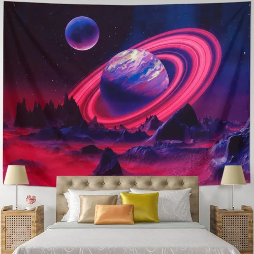 Miniatura 4 de Leofanger Tapiz de planeta trippy con luz negra, tapiz de pared de montaña reactivo a los rayos UV, tapiz espacial de galaxia, cielo nocturno