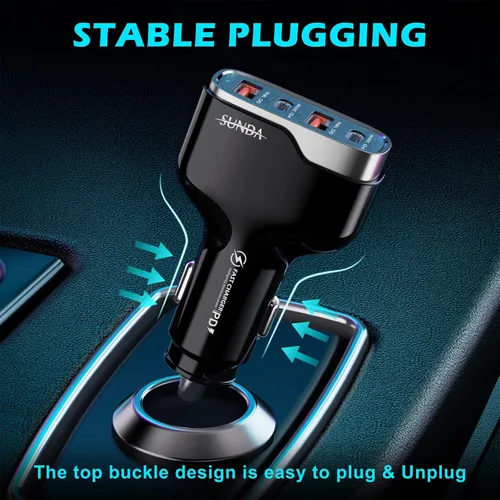 Miniatura 7 de SUNDA Cargador de Coche USB C Rápido de 60W Adaptador de Carga de Coche de 4 Puertos Dual Tipo C PD30W/PPS30W Compatible con iPhone 17/16