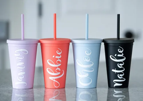 Miniatura 6 de Vasos con tapas (paquete de 12) vasos acrílicos de colores de 16 onzas con tapas y popotes, vasos a granel de plástico mate de doble pared