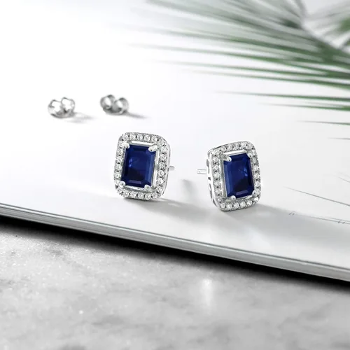 Miniatura 38 de Gem Stone King Aretes de plata de ley 925 con piedra natal Corte esmeralda de 0.315 x 0.236 in Aretes de halo para mujer