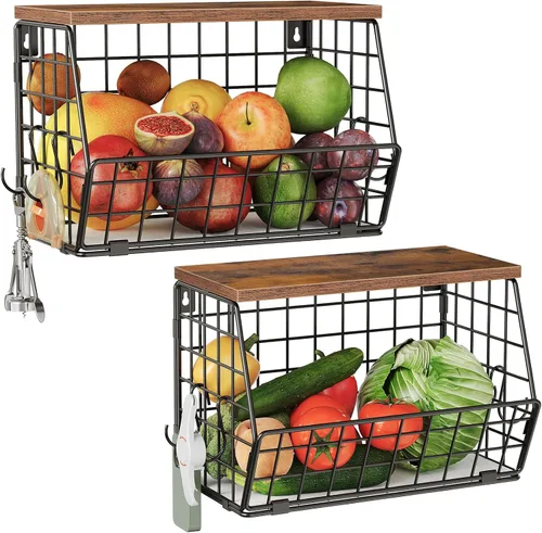 CHOEZON Cesta de frutas de 2 niveles para cocina, cesta colgante apilable de alambre con tapa de madera, organizador de encimera de cocina montado