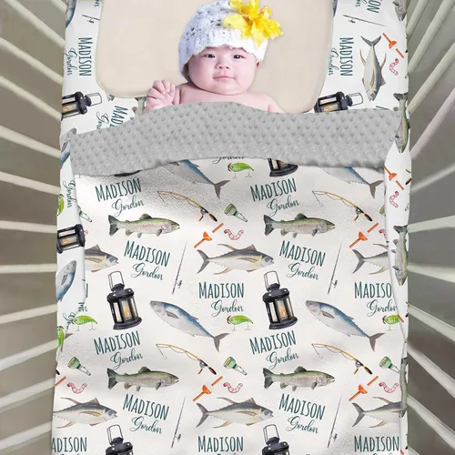 Miniatura 2 de Juego de cama personalizado para cuna para bebés niños y niñas, juego de guardería de pesca personalizado con nombre, juego de 2 piezas: edredón