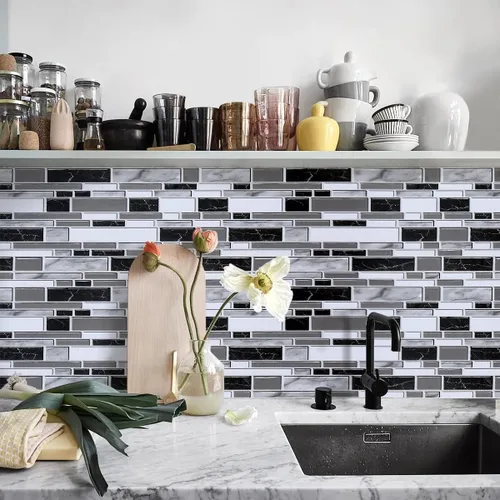 Miniatura 3 de Loseta en muro adhesiva de color blanco y negro para cocina, papel tapiz removible de 11.8 x 196.8 pulgadas, papel adhesivo con azulejos para baño