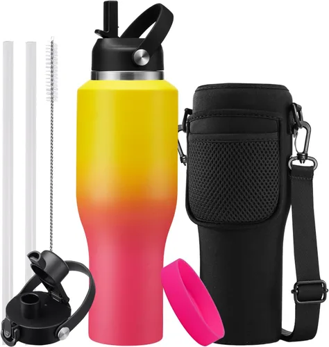 Miniatura 43 de Botella de agua de acero inoxidable de 32 onzas, frío-48 horas y caliente-24 horas, termo con popote y tapas de boquilla, bolsa, botella aislada al