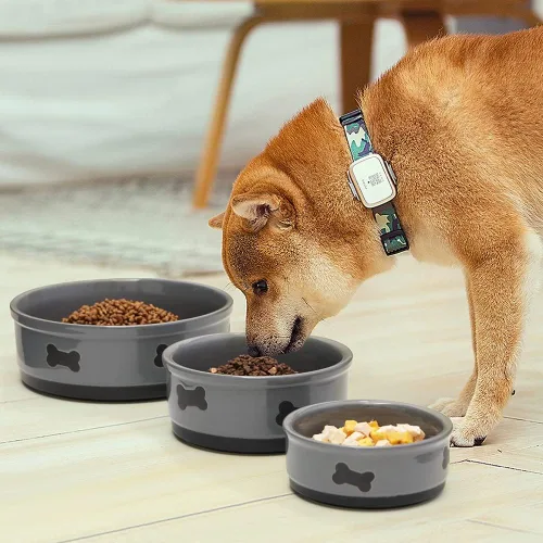Miniatura 3 de Sweejar Cuencos de cerámica para perros con patrón de huesos, plato de comida para perros pequeños, cuenco de porcelana para agua de 16 onzas Gris