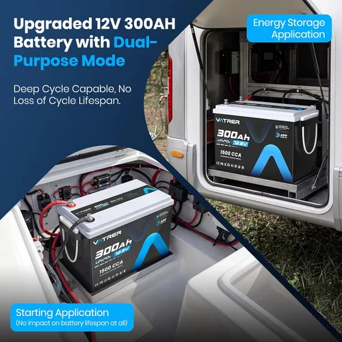 Miniatura 5 de Batería LiFePO4 de litio de 12 V 300 Ah con monitoreo de aplicación, batería de arranque recargable BMS de 200 A, protección de temperatura