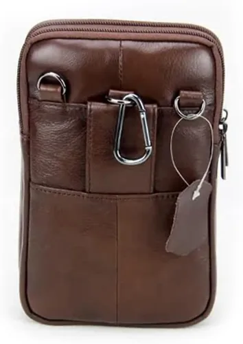 Miniatura 5 de Riñonera de piel de vaca de capa superior para hombre, riñonera lateral, bolsa para teléfono inteligente, modelo 8-marrón
