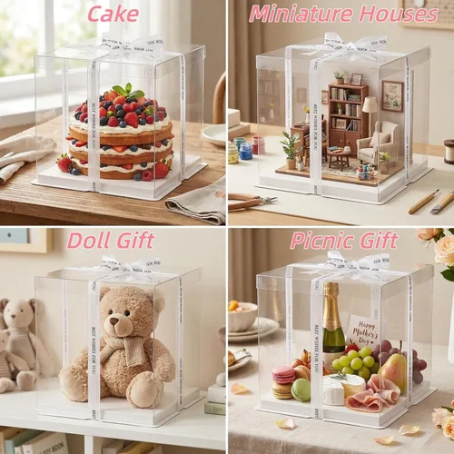 Miniatura 5 de 6 cajas transparentes para pasteles con cinta de 2 capas de 10 x 10 x 10 pulgadas, caja transportadora de pasteles transparente con tapas, cajas