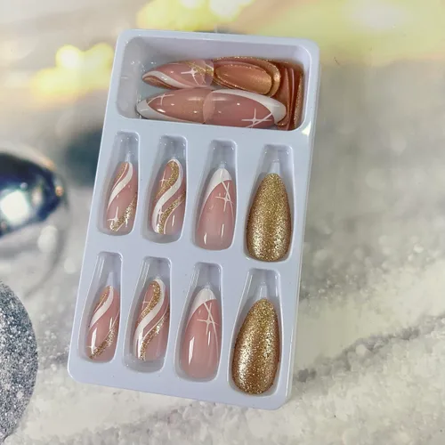 Miniatura 5 de Uñas postizas acrílicas artificiales de almendra media con diseño de estrellas onduladas blancas, cobertura completa, reutilizables, estilo ataúd