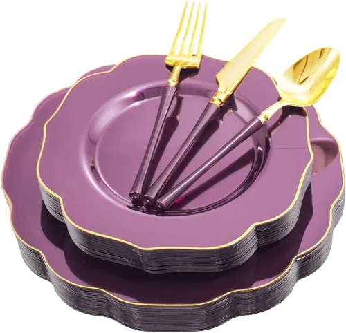 Miniatura 10 de Ciaell 175 platos de plástico festoneado negro con ribete dorado, cubiertos de plástico negro con asa, juegos de vajilla de alta gama para bodas