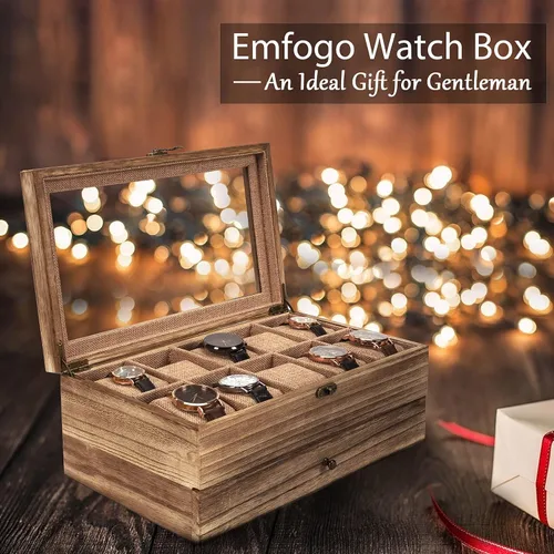 Miniatura 5 de Emfogo Caja de reloj funda de reloj con 10 ranuras para hombres y mujeres soporte de reloj de madera para hombres regalo para novio día del padre