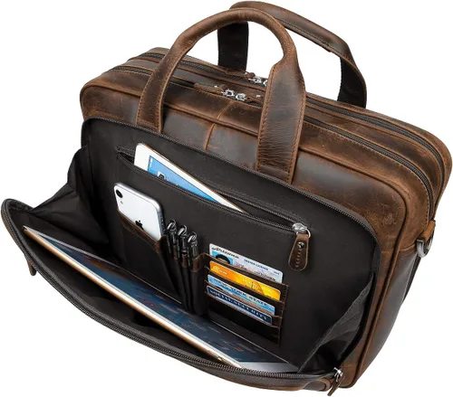 Miniatura 7 de Augus - Maletín de cuero para hombre de 16 pulgadas, bolso de hombro para laptop con correa de equipaje 100% full-grain leather, YKK zip, fits