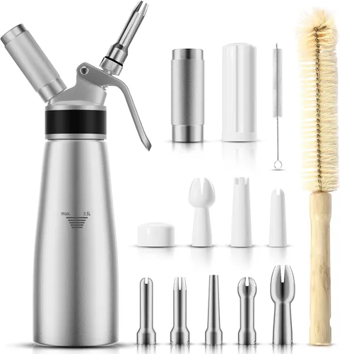 ENLOY Dispensador profesional de crema batida de aluminio, 16.9 fl oz/1 pinta, recipiente para crema batida con 8 boquillas decorativas y cepillo de