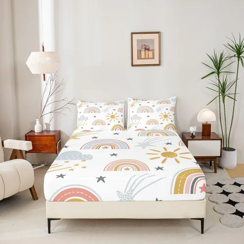 Miniatura 4 de Erosebridal Sábana bajera ajustable de arcoíris para niñas, diseño de sol y estrellas, tamaño matrimonial para niños y niños, juego de ropa de cama