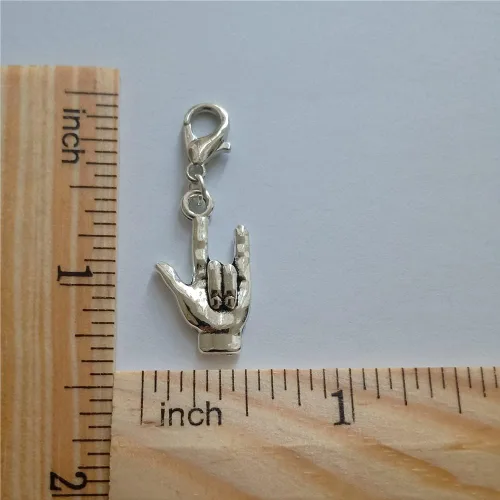Miniatura 5 de 3 piezas I Love You Clip on Charm Zipper Pull, ASL Charm, Gesture Hand Pendant, Color Plata Antiguo