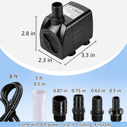 Miniatura 2 de Bomba de agua sumergible alizzy de 400 GPH, 25 W, bomba de fuente con apagado automático con 6.5 pies de elevación alta y 4.92 pies de tubo