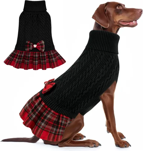Miniatura 25 de KYEESE Suéter de punto grueso para perro, vestido de suéter para mascotas con corbatín, abrigos elásticos para mascotas, suéter suave para perros