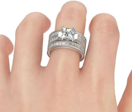Miniatura 6 de Jeulia - Juego de 3 piezas de anillos de corte princesa juego nupcial de plata de ley con halo de diamantes, anillo de compromiso, anillo de boda