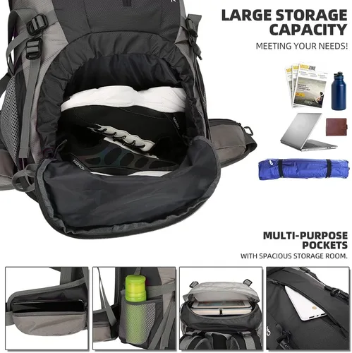 Miniatura 4 de King'sGuard Mochila de senderismo de 70L con cubierta de lluvia, mochila de viaje impermeable ligera para acampar, mochila grande Negro