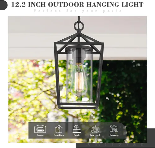 Miniatura 4 de Emliviar Lámpara colgante moderna para exteriores, 1 luz de linterna colgante al aire libre en acabado negro con vidrio transparente, 20065H BK