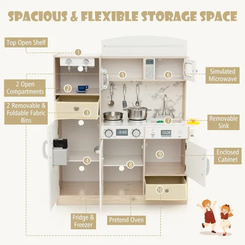 Miniatura 5 de HONEY JOY Juego de cocina para niños con luces, juego de cocina de madera con 2 contenedores de almacenamiento, cafetera, microondas, máquina