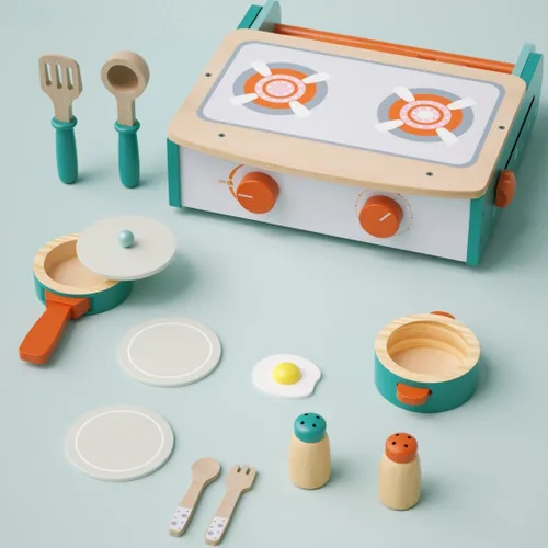 Miniatura 3 de Dailyfunn Estufa de Juguete de Madera Plegable y Portátil Juego de Cocina de Simulación con Accesorios de Cocina