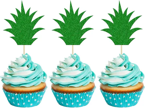 36 piezas de adornos para cupcakes de piña verde con purpurina verde para Luau despedida de soltera, fiesta de verano tropical, decoración de