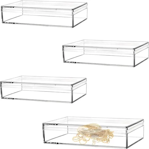 Caja de acrílico transparente con tapas, paquete de 4 cajas de plástico cuadrado de plástico de 4.3 x 2.7 x 1 pulgadas, caja de almacenamiento de