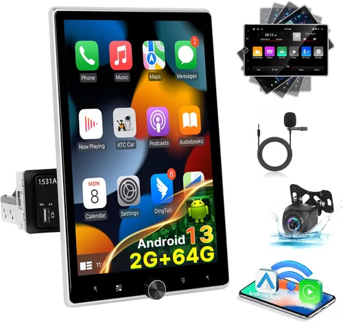 [2+64G] Estéreo Android de un solo DIN para automóvil, radio de pantalla táctil giratoria de 10.4 pulgadas con Carplay inalámbrico y Android Auto,