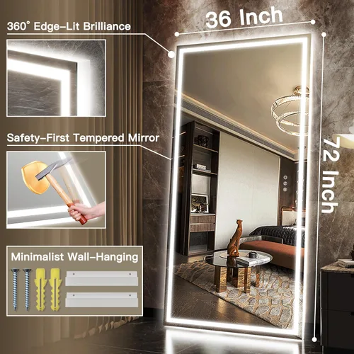 Miniatura 6 de FENNIO Espejo de longitud completa con luces, espejo LED de cuerpo completo de 70 x 32 pulgadas, espejo de piso iluminado de pie, espejo colgante