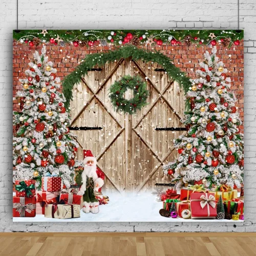 Miniatura 3 de Telón de fondo de Navidad de invierno de 10 x 8 pies, puerta rústica de madera de granero, ladrillo rojo, Papá Noel, fondo de fotografía, árbol