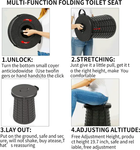 Miniatura 7 de ALEVMOOM Inodoro portátil XXL, 19.7 pulgadas de alto, más alto, plegable, plegable, con tapa, correa, bolsa, ajustable para campamento, senderismo