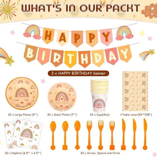 Miniatura 2 de Buryeah 212 piezas de decoración de cumpleaños arcoíris arco iris, suministros para fiesta, incluye pancarta de feliz cumpleaños, platos de papel