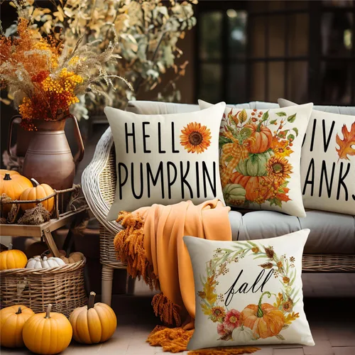 Miniatura 2 de Juego de 4 fundas de almohada decorativas de otoño de 18 x 18 pulgadas, decoración de granja de Acción de Gracias, Hello Pumpkin al aire libre