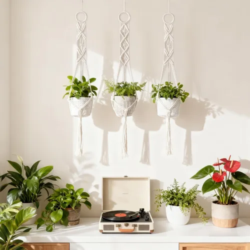 Miniatura 5 de Mkono Paquete de 3 perchas de macramé de 39 pulgadas para colgar en la pared de interiores, cesta para macetas, soporte para macetas, decoración