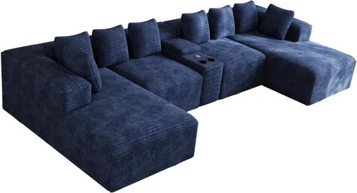 Miniatura 9 de Sofás seccionales en forma de U de gran tamaño de 143 pulgadas para sala de estar, cómodo sofá de pana esponjosa azul sin huesos, juego de sofá