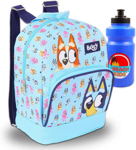 Bluey Paquete de mini mochila Mochila de lona de 10 pulgadas con bolsillo frontal y botella de agua Juego de mochila Bluey y Bingo para niños