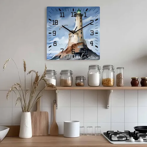 Miniatura 9 de Lighthouse - Reloj de pared de madera silencioso, sin tictac, náutica isla costera, gris, vintage, acuarela, reloj de pared cuadrado, funciona