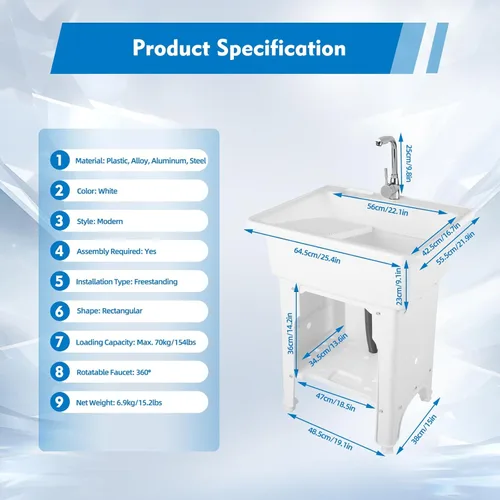 Miniatura 4 de Fregadero de lavandería de plástico independiente blanco con tabla de lavadero, fregadero de utilidad para interiores y exteriores con grifo de agua